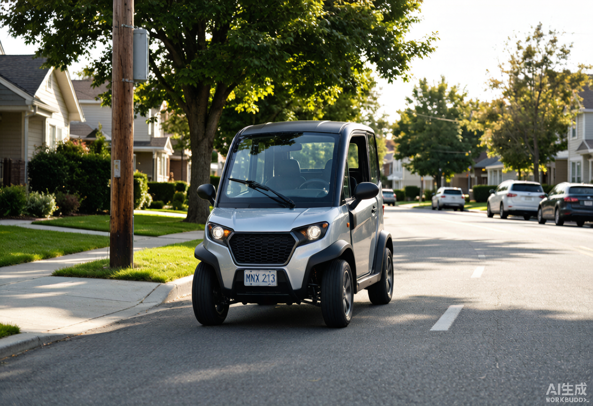 Street legal low speed vehicle on a neighborhood road
