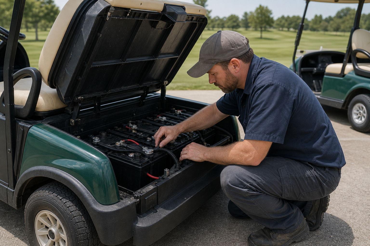 Golf course maintenance technician inspecting the battery compartment of a parked golf cart.